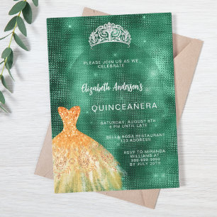 Convites Vestido de ouro verde tiara Quinceanera luxo