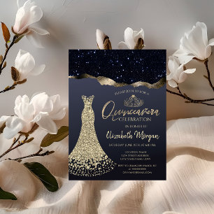 Convites Vestido de Ouros Chic, Tiara Dourada, Brilhante Ne