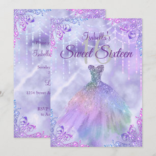 Convites Vestido de Pérola Prateada Lilás Roxo Sweet 16