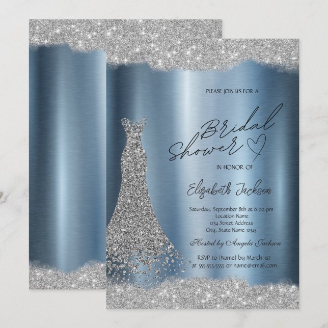 Convites Vestido de Prata com Diamantes Brilho Azul para Ch (Frente/Verso)