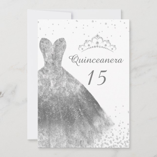 Convites Vestido de Prata e Tiara Quinceanera 15 Aniversári (Frente)
