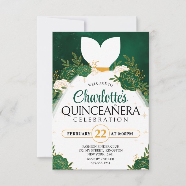Convites Vestido de Princesa Branco de Quinceañera Verde Es (Frente)