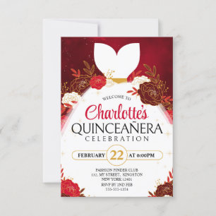 Convites Vestido de Princesa Branco Floral Quinceanera Verm