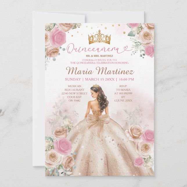 Convites Vestido de Princesa Champanhe Rosa Empoeirado Quin (Frente)