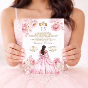 Convites Vestido de Princesa Coroa Dourada Floral XV Aniver