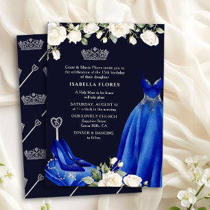 Convites Vestido de Princesa e Rosas Azul Quinceanera Missa