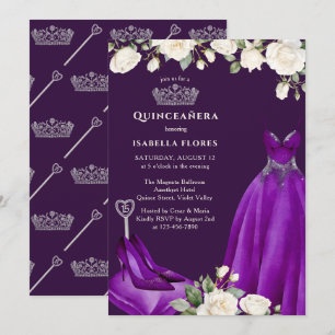 Convites Vestido de Princesa e Rosas Roxo Quinceanera