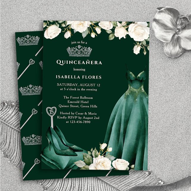 Convites Vestido de Princesa e Rosas Verdes Quinceanera (Quinceanera Invitation from the Princess Dress and Roses Quinceanera Collection by Darling & May)