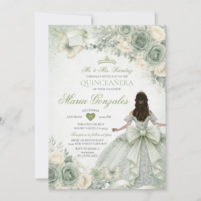 Convites Vestido de Princesa Floral com Laço Verde Salvia Q (Frente)