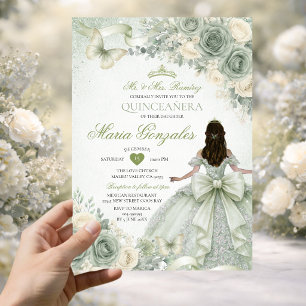 Convites Vestido de Princesa Floral com Laço Verde Salvia Q