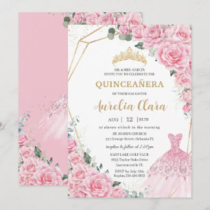 Convites Vestido de Princesa Floral de Rosas Rosa Quinceane