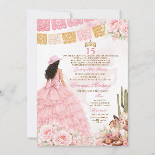 Convites Vestido de Princesa Floral Rosa Espanhol Doce 15 A