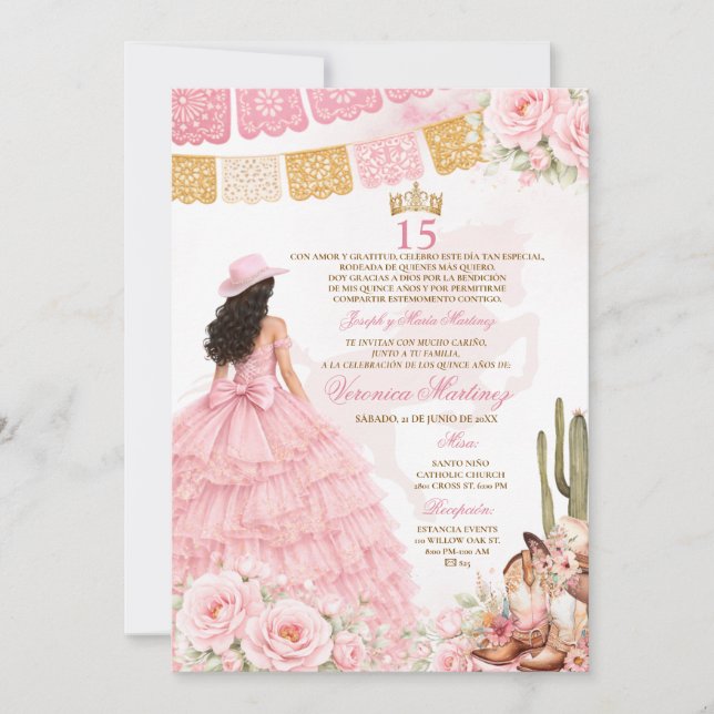 Convites Vestido de Princesa Floral Rosa Espanhol Doce 15 A (Frente)