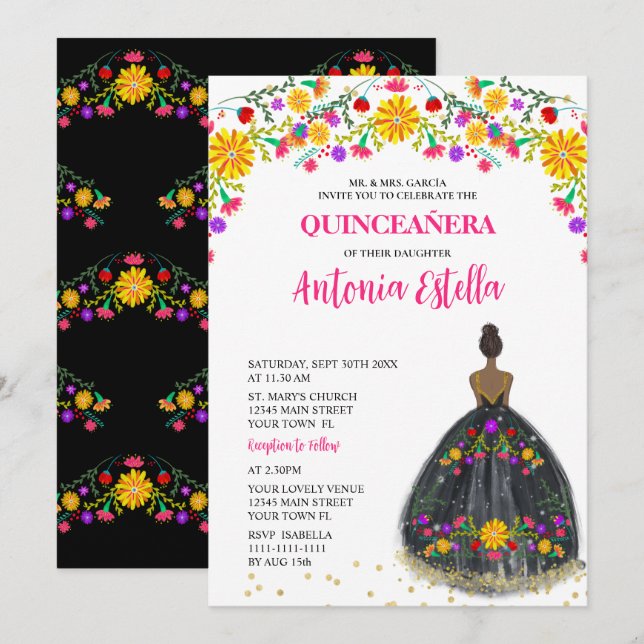 Convites Vestido de Princesa para Festa Mexicana de Quincea (Frente/Verso)
