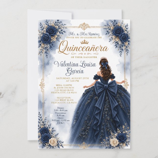 Convites Vestido de Princesa Quinceañera Azul com Coroa Flo (Frente)