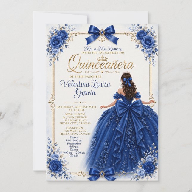 Convites Vestido de Princesa Quinceañera Azul Real com Arco (Frente)