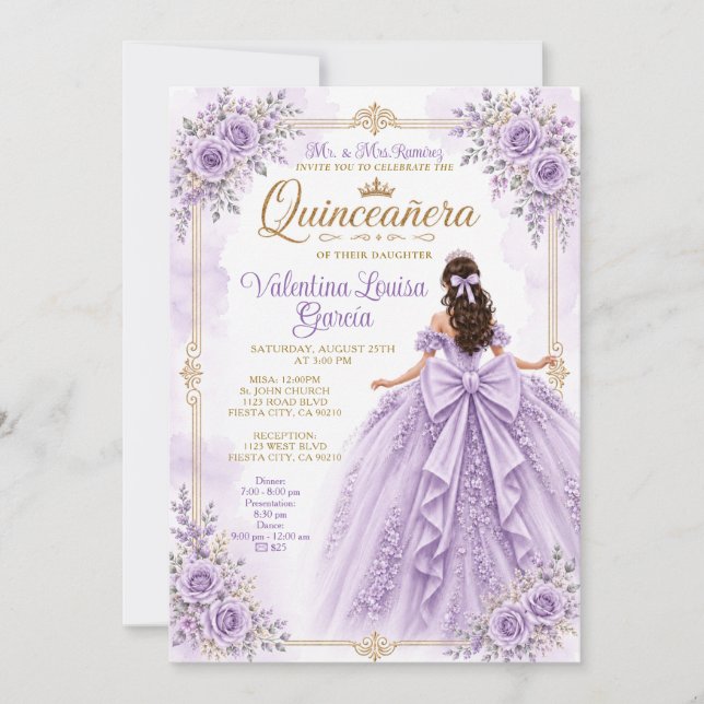 Convites Vestido de Princesa Quinceañera Roxo com Laço Flor (Frente)