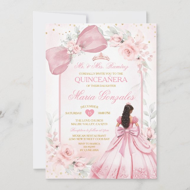 Convites Vestido de Princesa Rosa Bege com Laço Floral Quin (Frente)