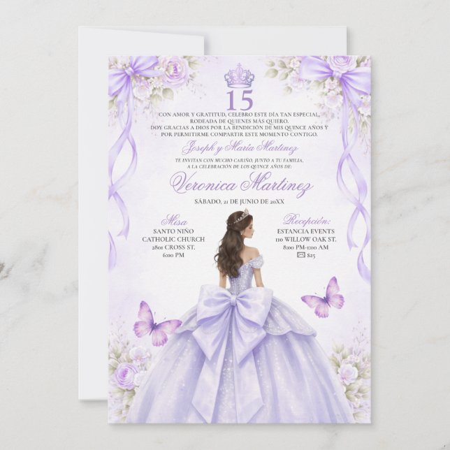 Convites Vestido de Princesa Roxa para Quinceañera Espanhol (Frente)