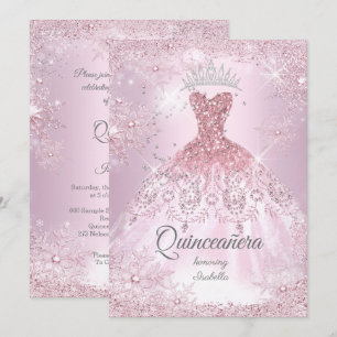 Convites Vestido de Quinceanera 15 anos rosa flocado de flo