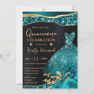 Convites Vestido de Quinceanera Aquarela em Verde Água e Gl