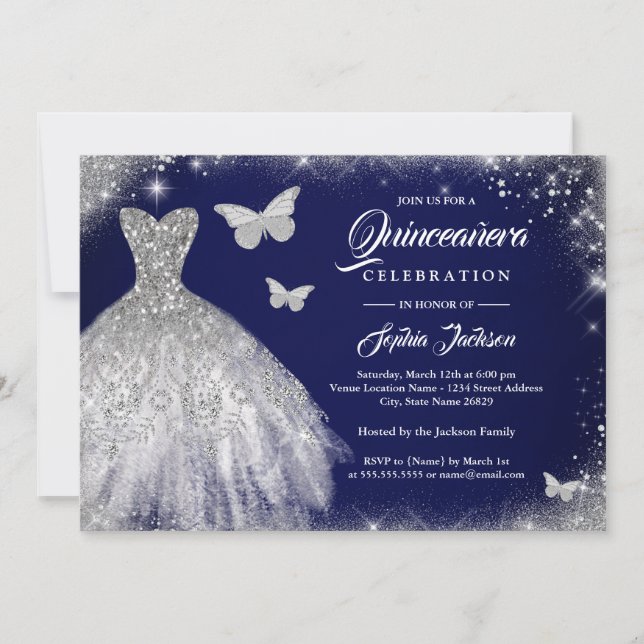 Convites Vestido de Quinceanera Borboleta Prata Marinho Bri (Frente)