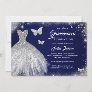 Convites Vestido de Quinceanera Borboleta Prata Marinho Bri