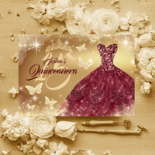 Convites Vestido de Quinceanera Brilho Dourado Burgundy