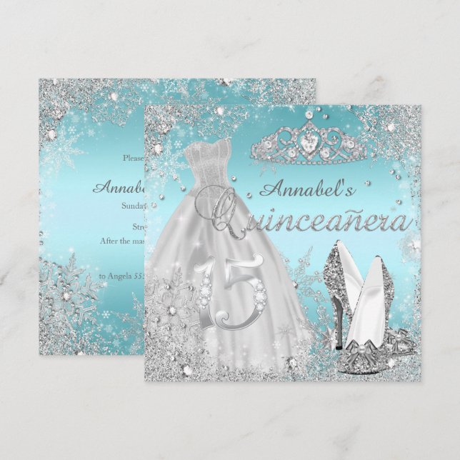 Convites Vestido de Quinceanera com Brilho Prata e Azul & T (Frente/Verso)