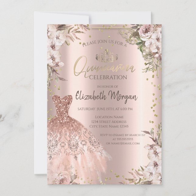 Convites Vestido de Quinceanera com Flores Boho Diamantes (Frente)