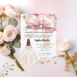 Convites Vestido de Quinceanera com laço rosa e flores
