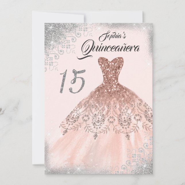 Convites Vestido de Quinceanera com Renda Dourada Rosa Prat (Frente)
