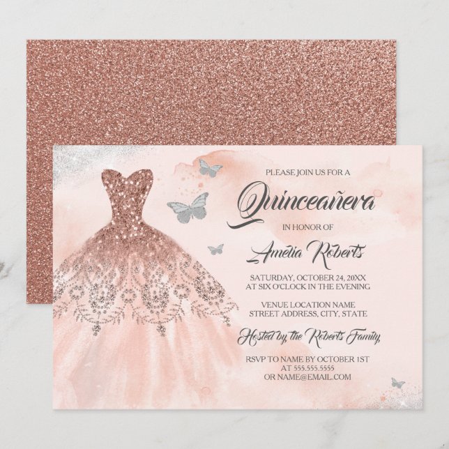Convites Vestido de Quinceanera em Rosa Dourado com Brilho  (Frente/Verso)