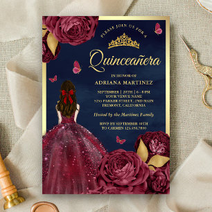 Convites Vestido de Quinceanera Floral Burgundy Navy