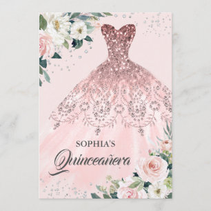 Convites Vestido de Quinceanera Floral Dourado Rosa Prata D