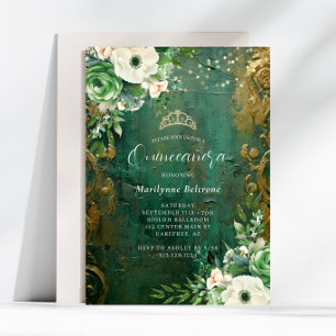 Convites Vestido de Quinceañera Floral Ouro Verde Esmeralda