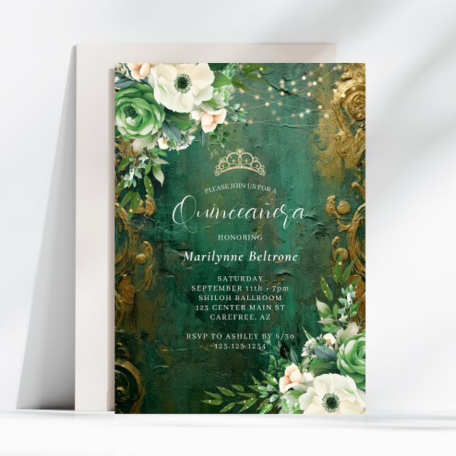 Convites Vestido de Quinceañera Floral Ouro Verde Esmeralda (Criador carregado)