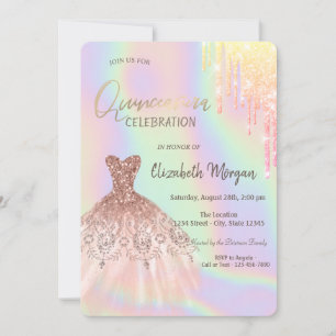 Convites Vestido de Quinceañera Holográfico com Gotas de Br