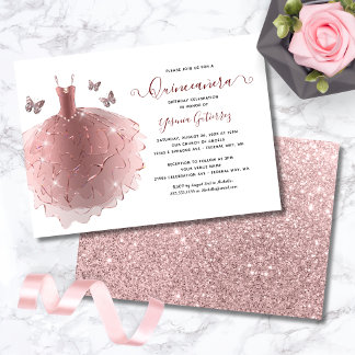 Convites Vestido de Quinceañera, Rosa Dourado Elegante