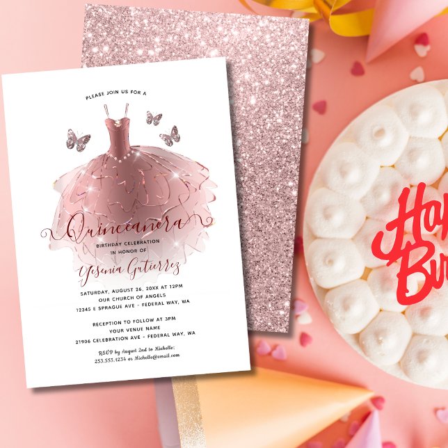 Convites Vestido de Quinceañera, Rosa Dourado Elegante (Elegant Rose Gold Glitter Quinceañera Dress Invitation
)