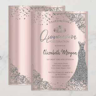 Convites Vestido de Quinceañera Tiara Prata Estrelas Dourad