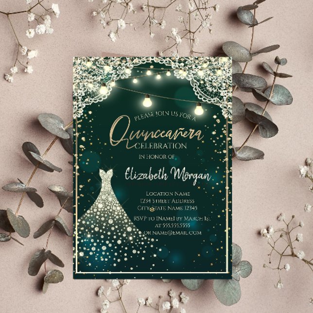 Convites Vestido de Quinceañera Verde com Renda, Luzes e Di (Criador carregado)