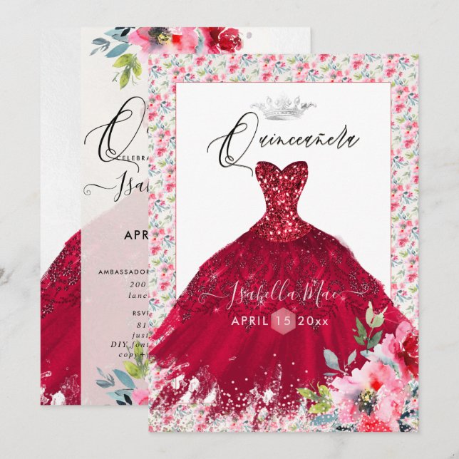 Convites Vestido de Quinceanera Vermelho com Brilho e Flore (Frente/Verso)