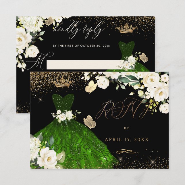 Convites Vestido de Quinze Anos com Brilho Esmeralda (Frente/Verso)