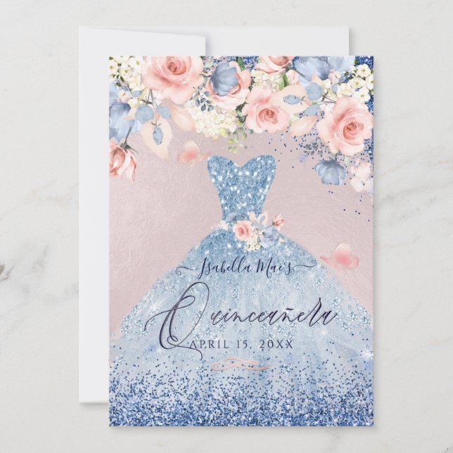 Convites Vestido de Quinze Anos Floral Azul Empoeirado com  (Frente)