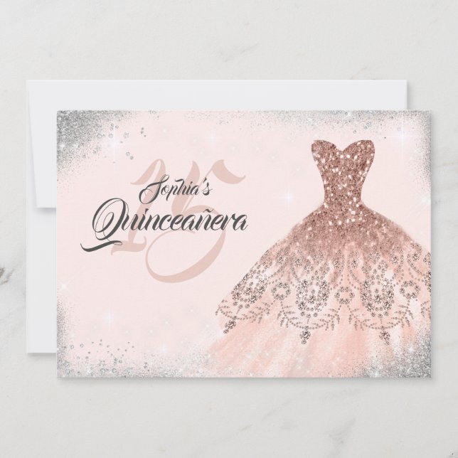 Convites Vestido de renda com brilho de prata e dourado ros (Frente)