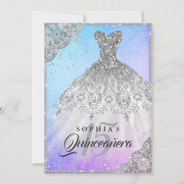 Convites Vestido de renda de diamante azul roxo com brilho  (Frente)