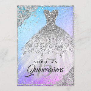 Convites Vestido de renda de diamante azul roxo com brilho