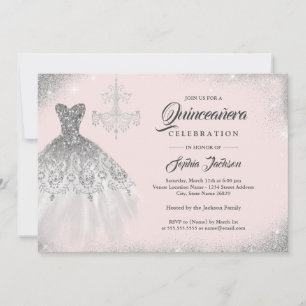 Convites Vestido de renda de diamante de prata dourada rosa