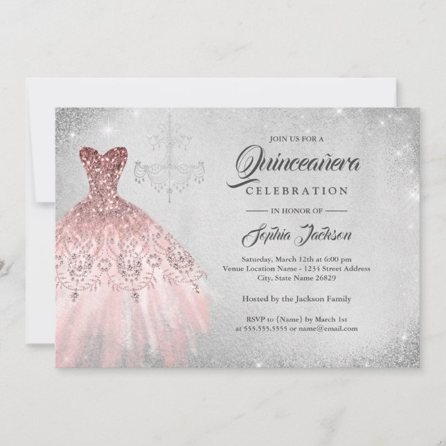 Convites Vestido de renda de diamante em rosa dourado prata (Frente)